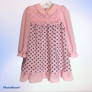 Vintage Laced Accent Pink Dress Black Polk-a-dots